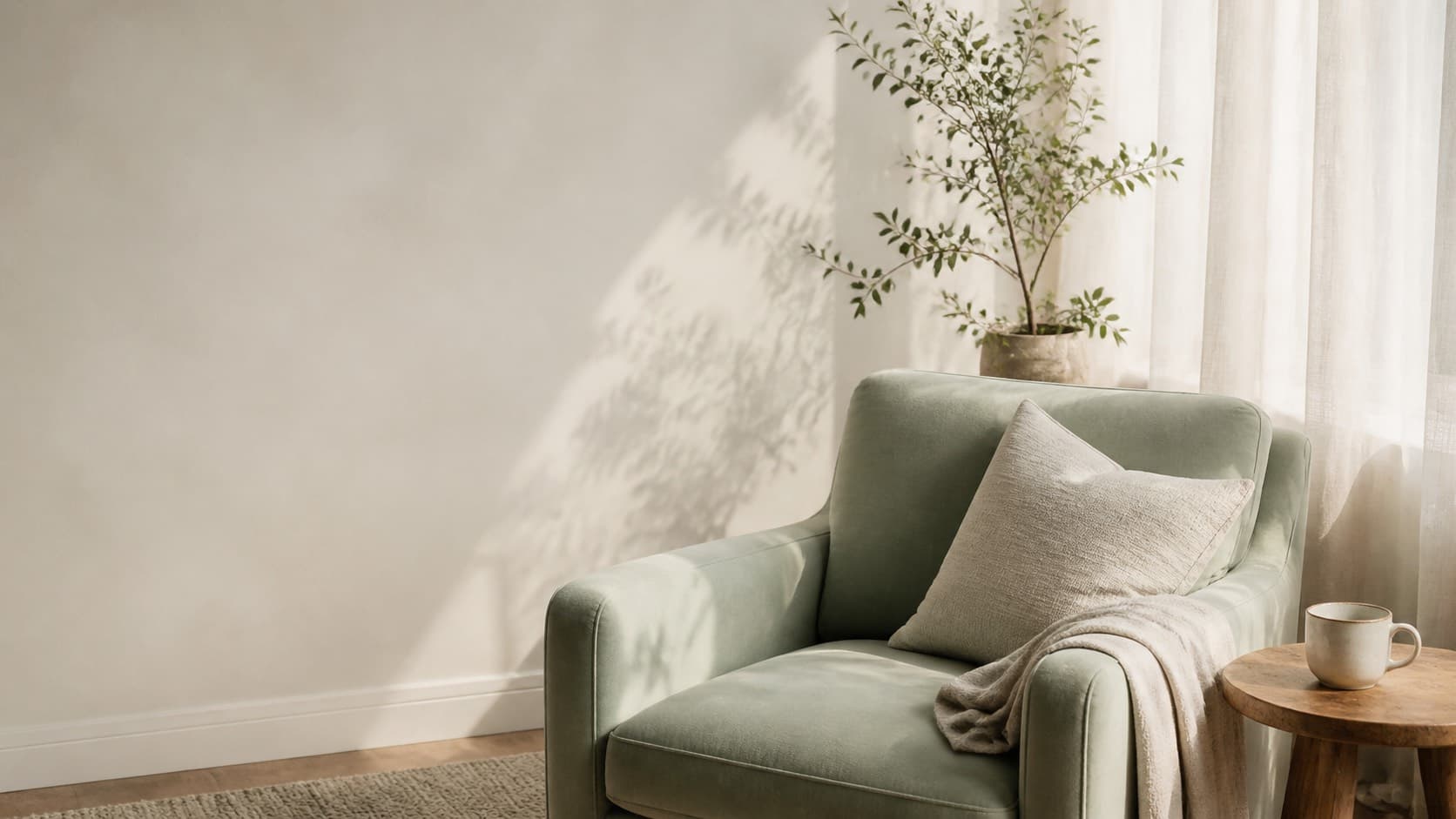 A quiet domestic scene in soft daylight, no people, calm muted tones